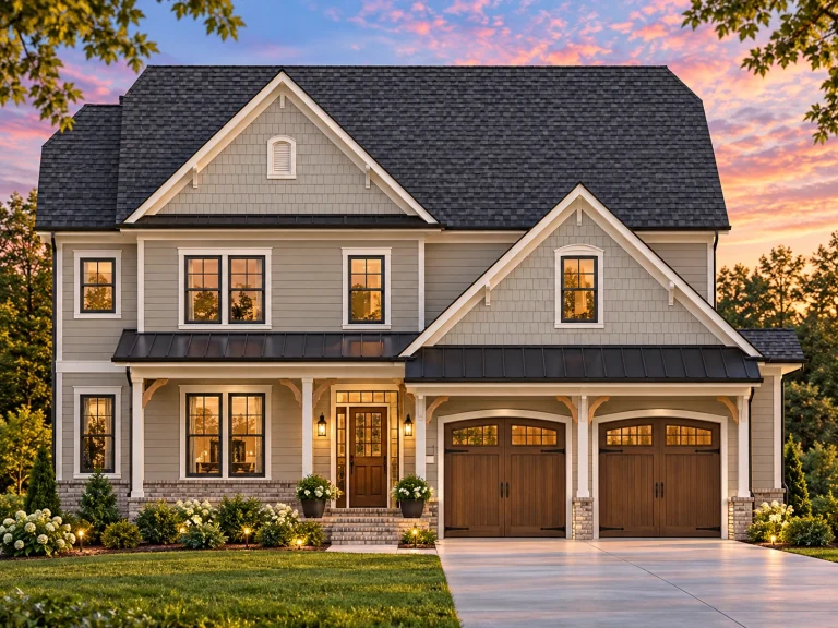 Front elevation of a two-story Traditional Colonial home with stone base, lap siding, and shake gables over a two-car garage