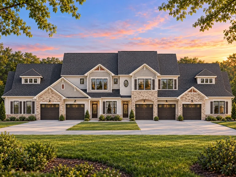Open Porch House Plans 24 Front elevation of a New American Traditional Suburban townhome featuring horizontal siding, stone accents, and symmetrical multi-unit design