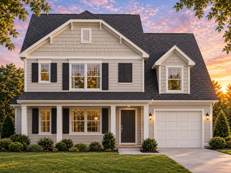 Front elevation of Neo-Colonial style house with horizontal lap siding, symmetrical windows, shutters, and attached garage