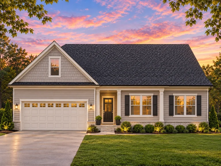 Front view of a Traditional Ranch style home featuring horizontal siding, stone wainscoting, gable rooflines, and a covered porch entry