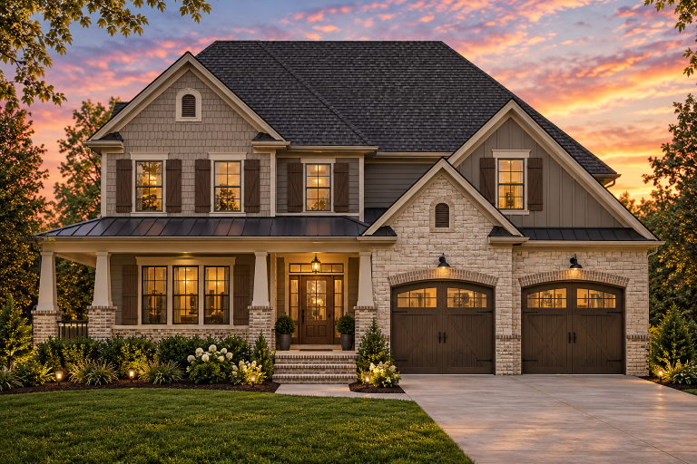 House Plans with Walk-In Pantry 2 Front elevation of Craftsman style house with horizontal lap siding, shake accents, covered porch, and two-car garage