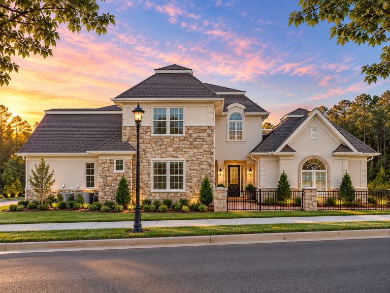3 Bedroom House Plans 14 Front elevation of a New American style two-story house featuring stone and stucco exterior, symmetrical windows, and classic suburban curb appeal