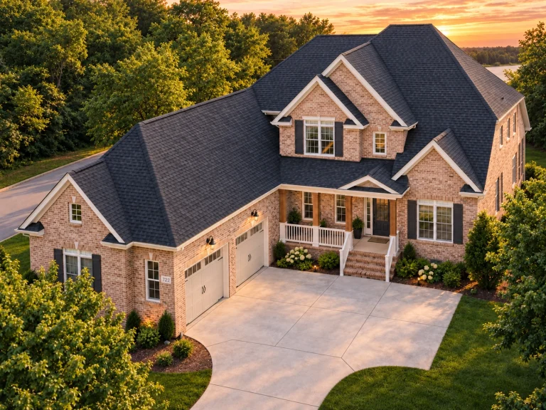 Front elevation of Traditional Colonial brick home with covered porch, gabled rooflines, and two-car garage at sunset