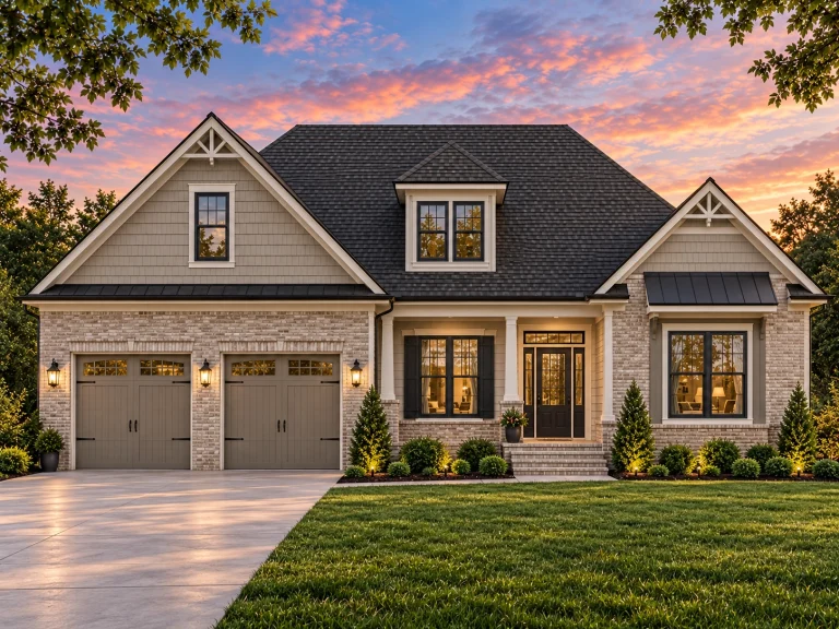 Front elevation of a Traditional Craftsman style home featuring stone accents, shake siding, and a two-car garage beneath a steep gable roof