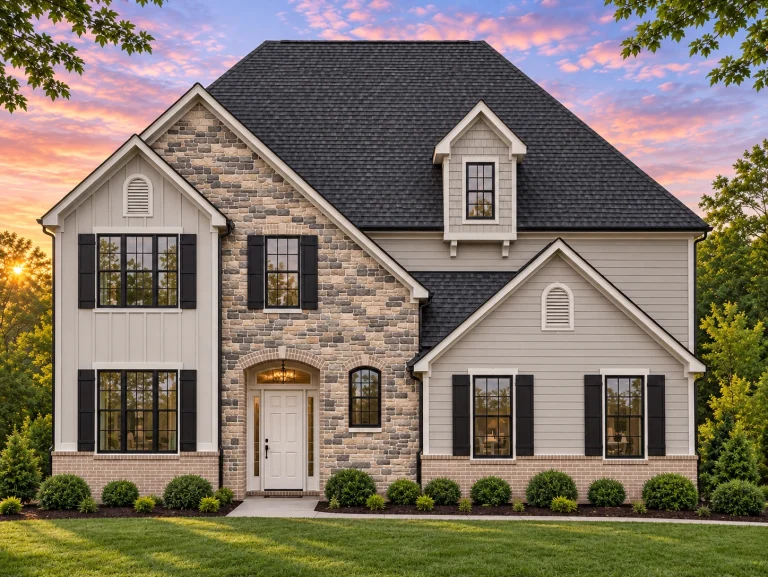Front elevation of a Traditional Colonial style brick home with black shutters, centered entry, and balanced two-story façade