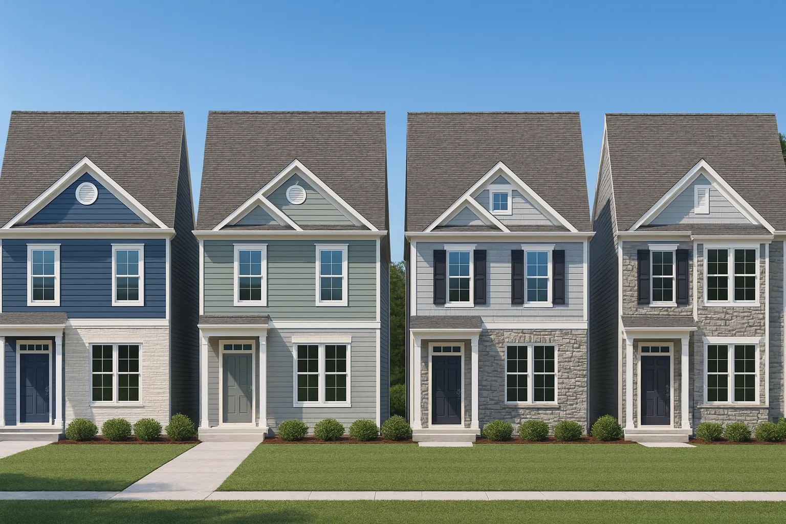 Front elevation of a Colonial Traditional style home featuring a stone and horizontal lap siding exterior with symmetrical windows and a centered entry door.
