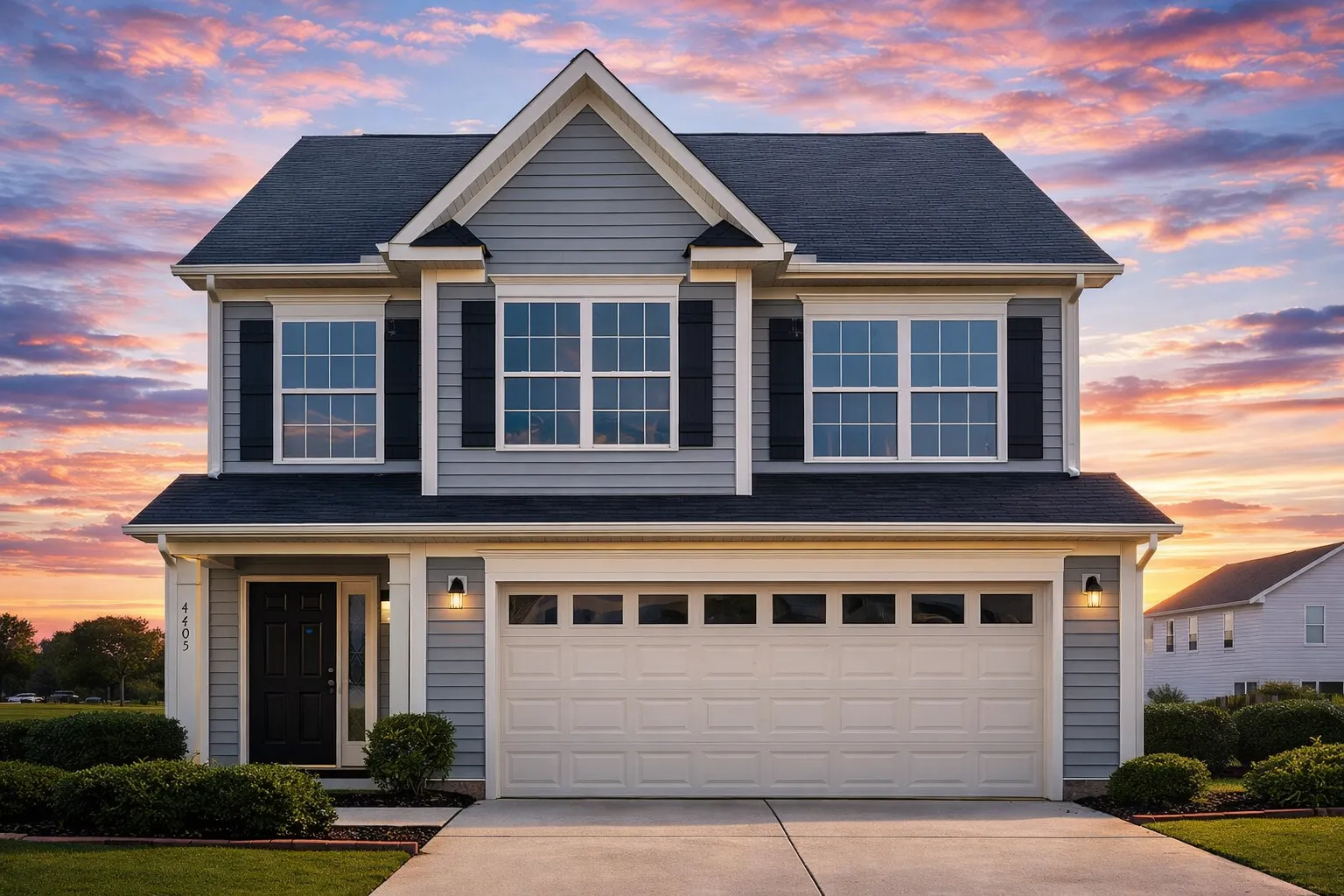 Front elevation of a Traditional Colonial style home featuring a balanced two-story design with horizontal siding, stone accents, and black shutters.