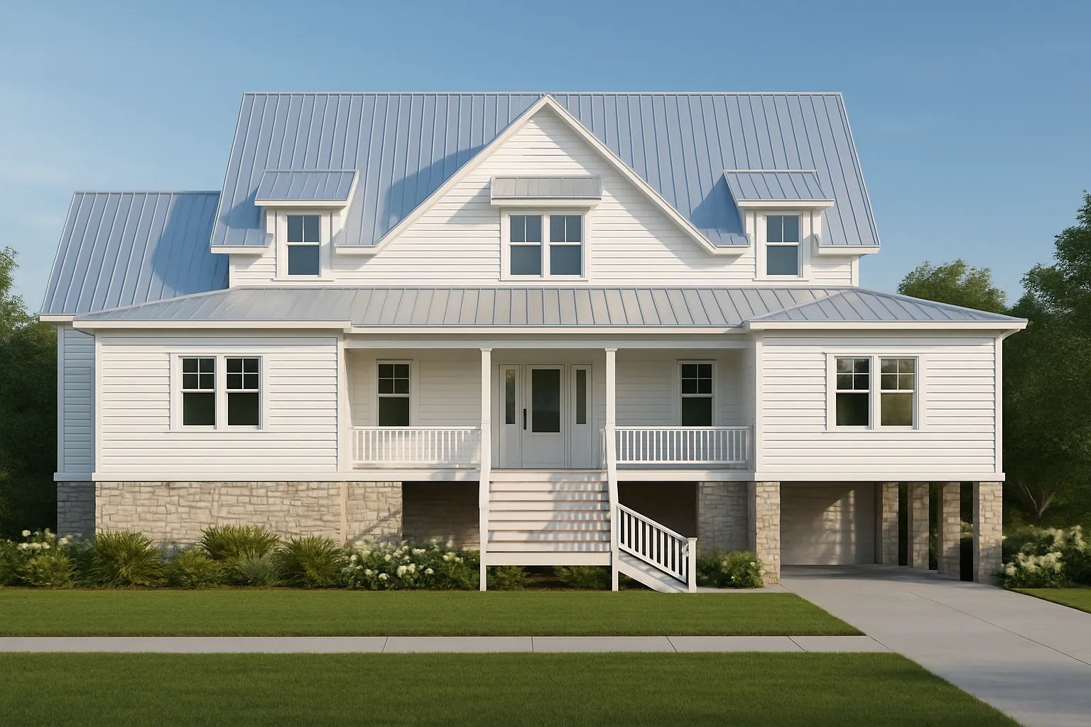 Front elevation of a Modern Farmhouse with board-and-batten siding, horizontal lap accents, metal roofing, and a covered front porch