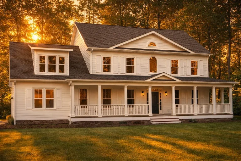 Front elevation of Colonial Revival style home with white clapboard siding, wraparound porch, and symmetrical two-story facade at sunset