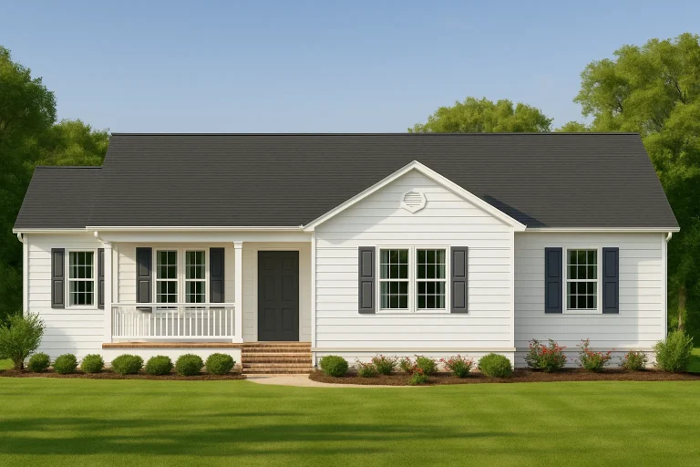 Front view of Traditional Ranch style home with white horizontal lap siding, black shutters, and covered front porch