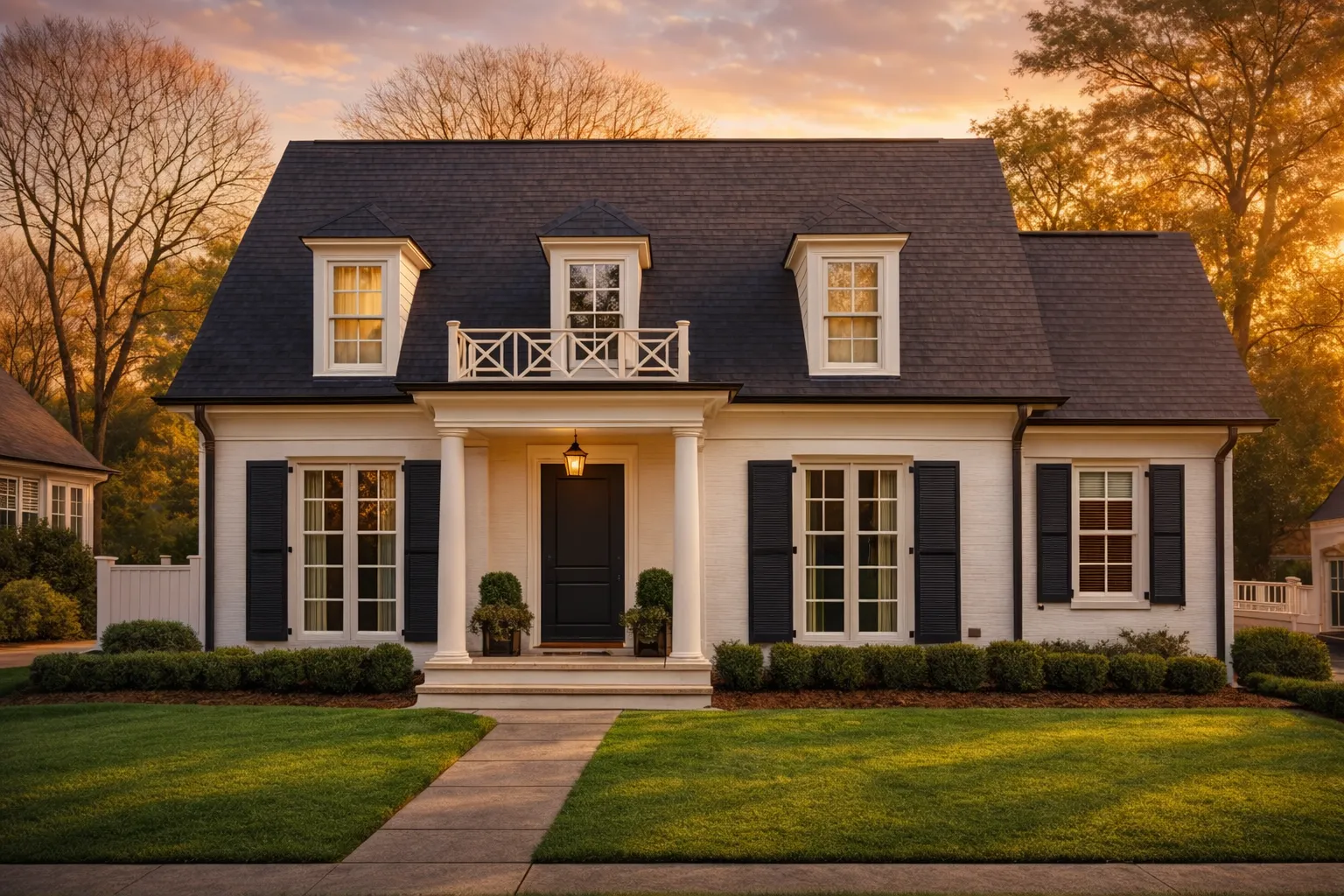 Front elevation of a Cape Cod style home with painted clapboard siding, dormer windows, central entry, and Colonial Revival detailing
