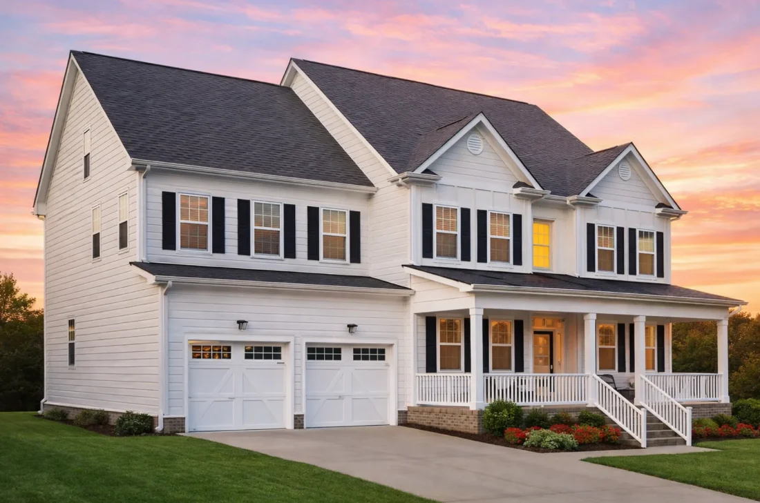 Front elevation of a Traditional Colonial style home with horizontal siding, centered entry, shutters, and double garage