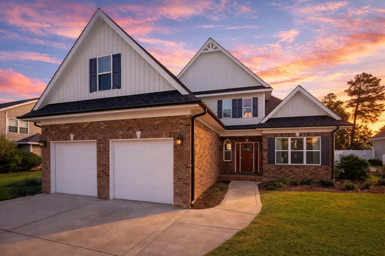 Front elevation of a Traditional Craftsman style home showcasing brick on the lower level, board and batten siding above, and a steep gable roof with clean architectural lines.