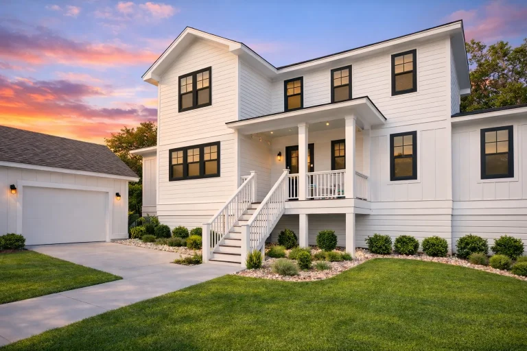 Two-story modern farmhouse with white vertical siding, black shutters, and stone foundation