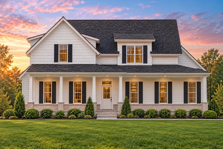 Front view of a Traditional Colonial style house featuring white horizontal siding, black shutters, gabled roof, and a welcoming covered front porch