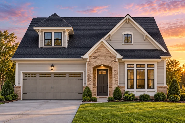 Front view of a Traditional Suburban Cape Cod style house featuring a balanced mix of stone wainscoting, lap siding, and shingle gable accents with a welcoming front porch and dormer window.
