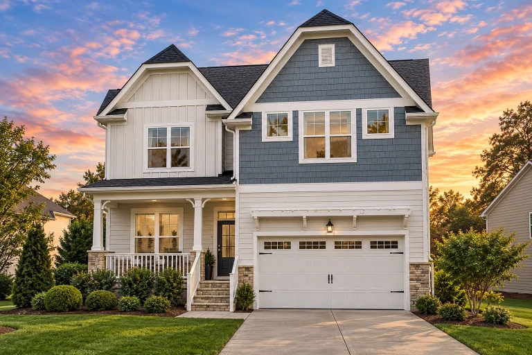 Front view of a Tudor Revival style home featuring stone base, horizontal siding, stucco panels, and decorative half-timbering for classic charm
