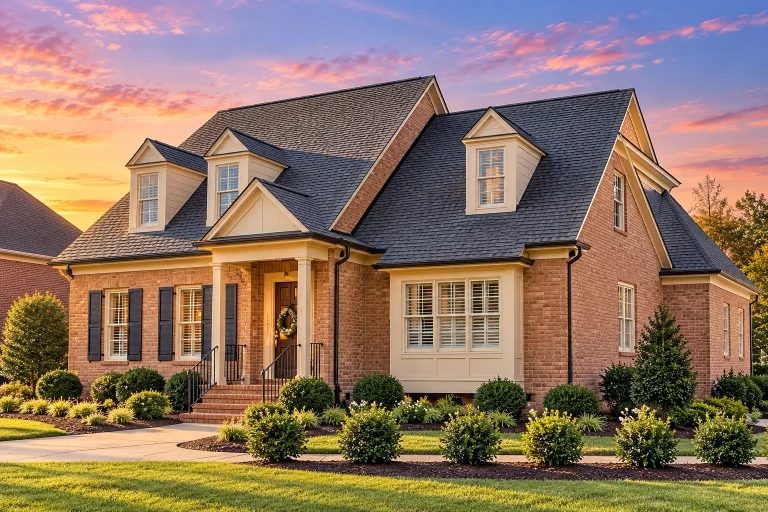 Front exterior of a Cape Cod style brick home featuring dormer windows, symmetrical facade, central entry porch, and classic shutters