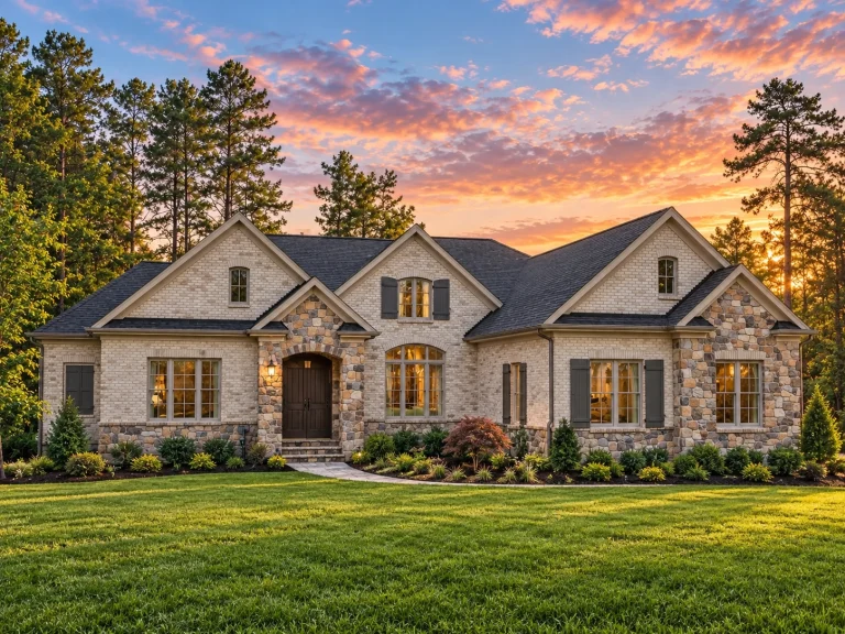 French Country Farmhouse Plans 6 Front elevation of a French Country style home featuring brick and stone exterior, steep gabled rooflines, shuttered windows, and a refined European-inspired design
