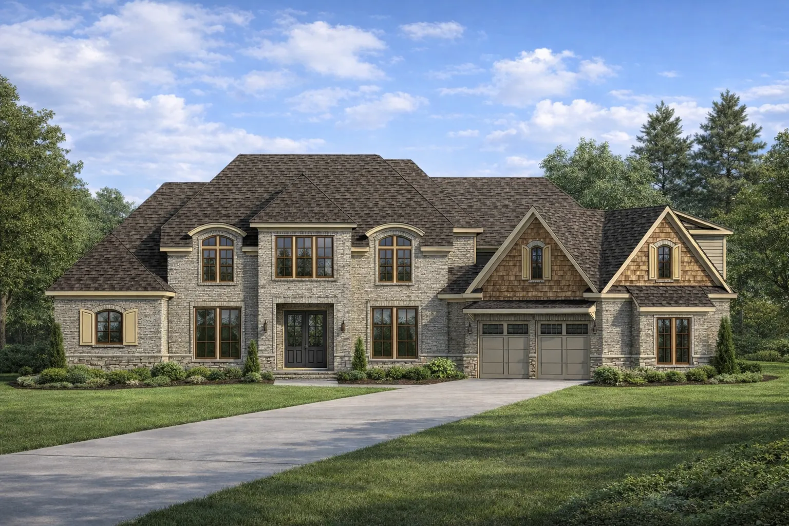 Front exterior of a French Country style luxury home featuring stone masonry, brick accents, steep hipped rooflines, and symmetrical façade