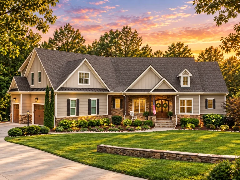 Mid-Size House Plans 6 Front exterior of Southern Farmhouse ranch-style home with white lap siding, stone base accents, gabled rooflines, and covered front porch