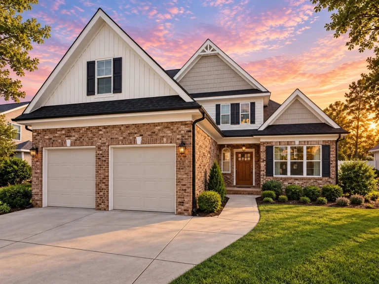 Front elevation of a Traditional Craftsman style home showcasing brick on the lower level, board and batten siding above, and a steep gable roof with clean architectural lines.