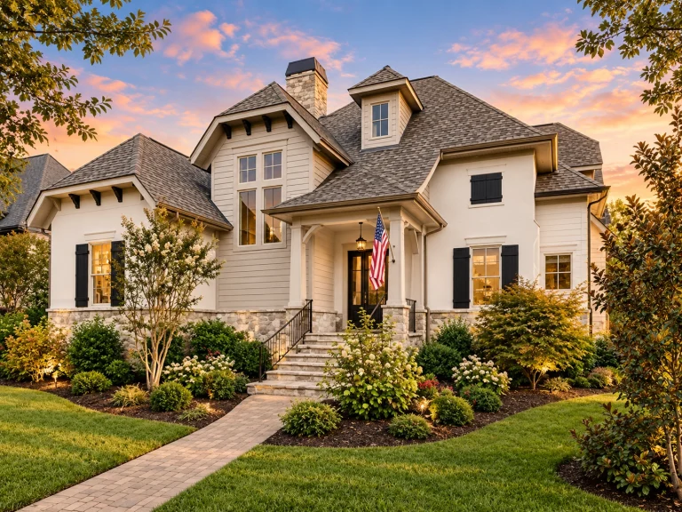 Front elevation of a French Country style luxury home featuring stone and stucco exterior, steep hipped roof, arched entry, and classic European detailing