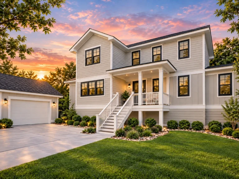 Georgian House Plans 5 Two-story modern farmhouse with white vertical siding, black shutters, and stone foundation