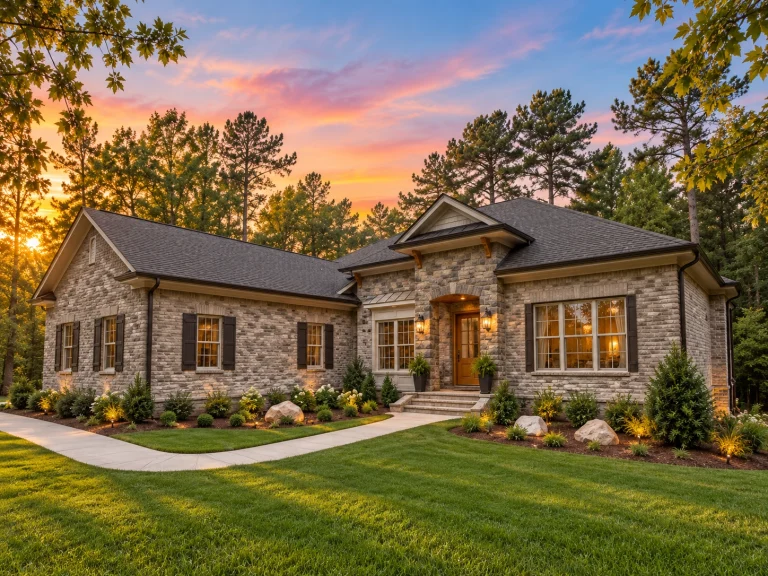 Front elevation of a Traditional Ranch style home with full stone exterior, symmetrical windows, and inviting covered entry