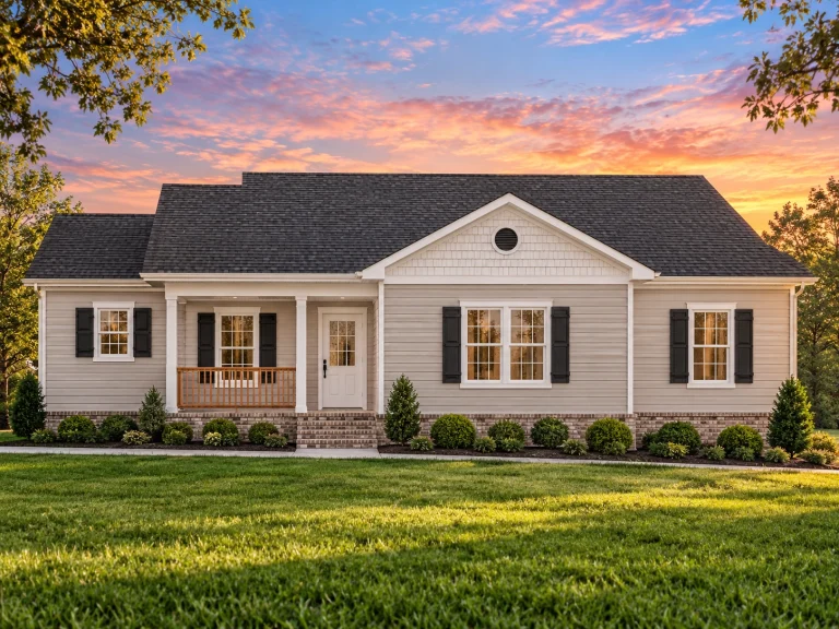 Front view of Traditional Ranch style home with white horizontal lap siding, black shutters, and covered front porch