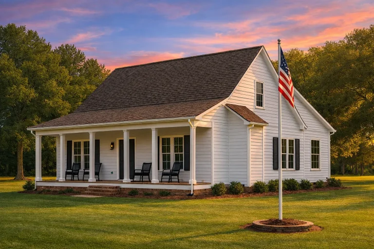 Front exterior view of a Southern Farmhouse style home with horizontal lap siding, wide covered porch, simple gable roof, and traditional rural setting