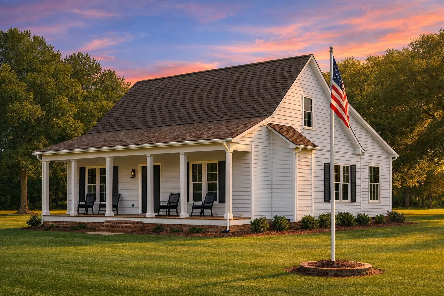 Garage Workshop Plans 27 Front exterior view of a Southern Farmhouse style home with horizontal lap siding, wide covered porch, simple gable roof, and traditional rural setting
