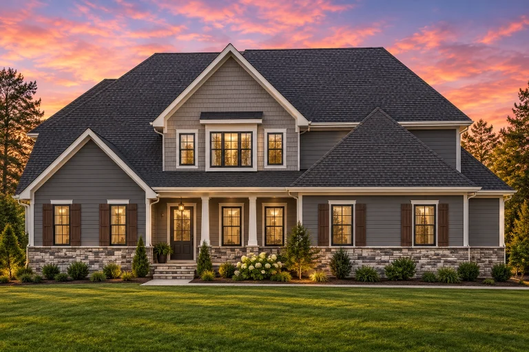 Front elevation of a New American style house with horizontal siding, stone accents, symmetrical windows, and a covered front porch