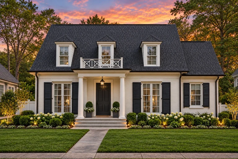 Front elevation of Cape Cod style home with painted brick exterior, dormer windows, shutters, and symmetrical Colonial Revival design