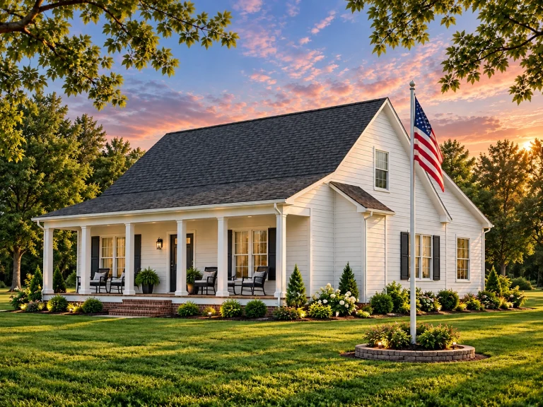 Best-Selling House Plans for Builders 8 Front exterior view of a Southern Farmhouse style home with horizontal lap siding, wide covered porch, simple gable roof, and traditional rural setting