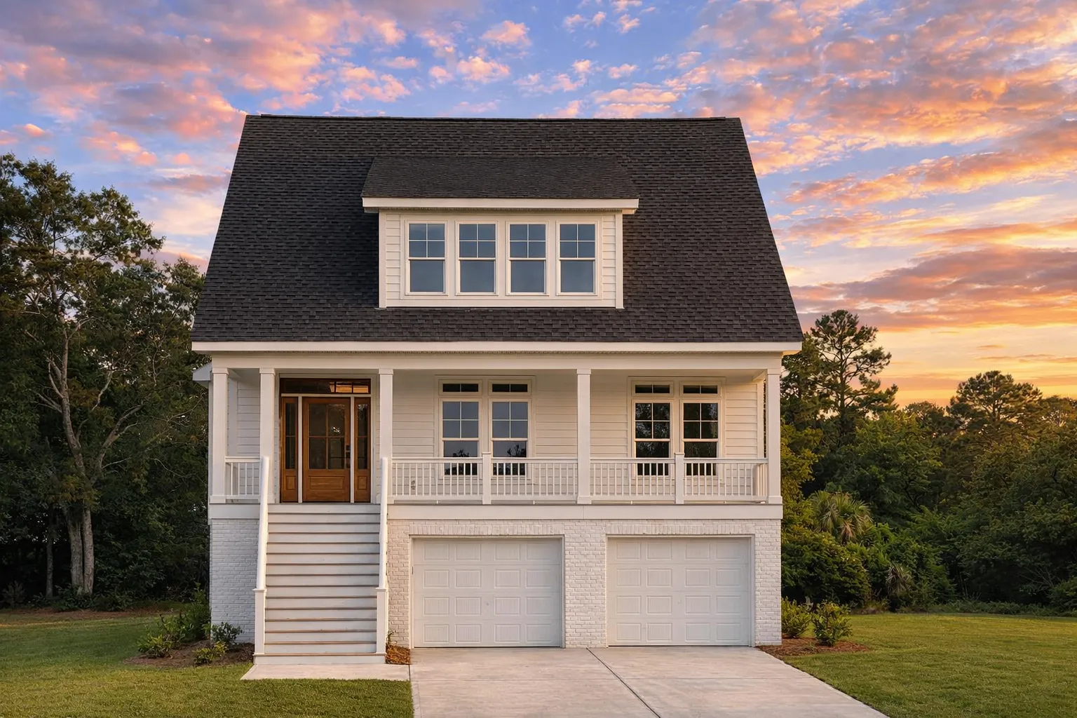 Front elevation of Coastal Traditional Low Country style house with elevated entry, double garage, and horizontal lap siding exterior