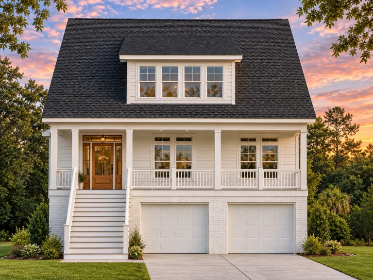 House Plans with Fireplace 22 Front elevation of Coastal Traditional Low Country style house with elevated entry, double garage, and horizontal lap siding exterior