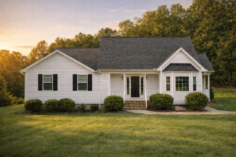 Front view of a Traditional Ranch style home featuring gray vinyl siding, black shutters, brick foundation, and a welcoming red front door