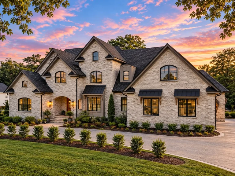 Front elevation of a Modern Traditional New American house with painted brick exterior, steep gables, metal awnings, and symmetrical upscale curb appeal