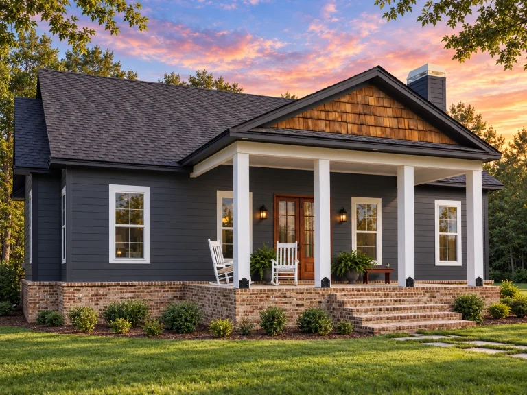 Front elevation of a Traditional Southern house with horizontal siding, brick foundation, gable porch, and symmetrical Colonial-inspired design