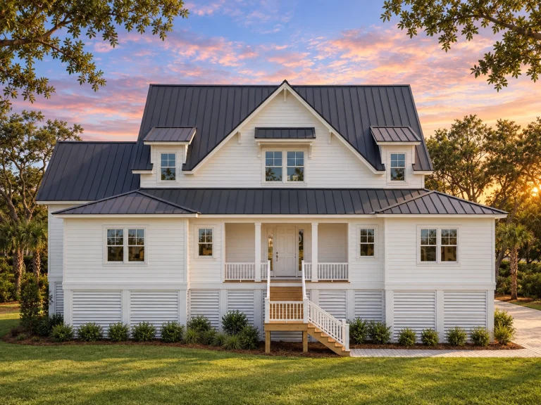 Front exterior view of an elevated Coastal Low Country style home with horizontal siding, metal roof, raised foundation, and covered porch