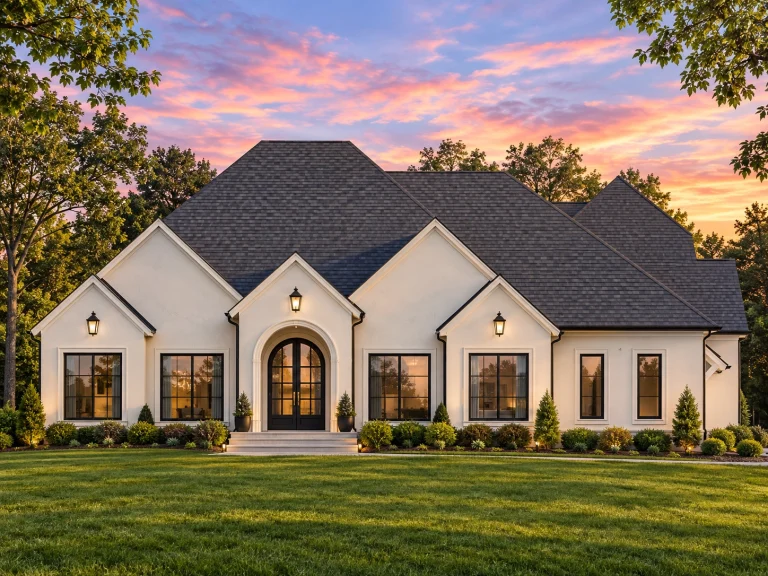 Front elevation of French Country style home with smooth stucco exterior, arched doorway, symmetrical windows, and manicured landscaping