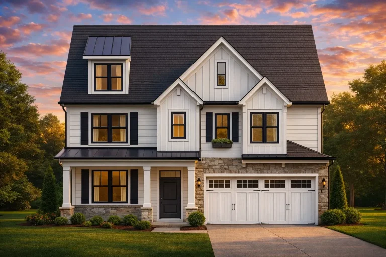 Front exterior of a New American Colonial Revival style house with board and batten siding, stone accents, symmetrical windows, and covered front porch