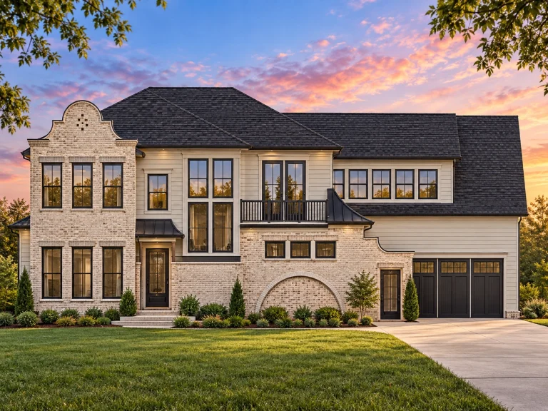 Front elevation of New American modern traditional home with painted brick exterior, arched entryway, black framed windows, and side-entry garage