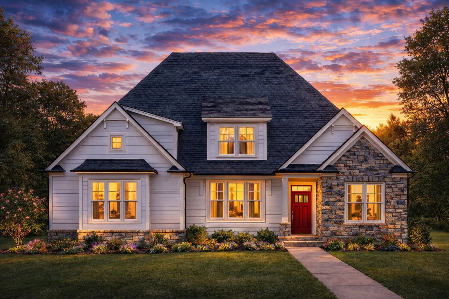 Front exterior of a Cape Cod cottage style home with horizontal siding, stone accents, steep gabled roof, and inviting red front door at sunset