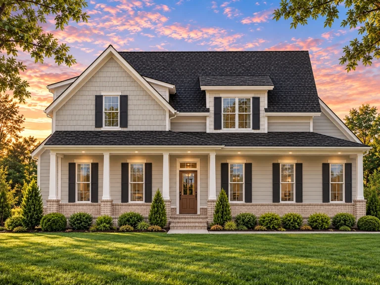 House Plans with Photos 4 Front view of a Traditional Colonial style house featuring white horizontal siding, black shutters, gabled roof, and a welcoming covered front porch