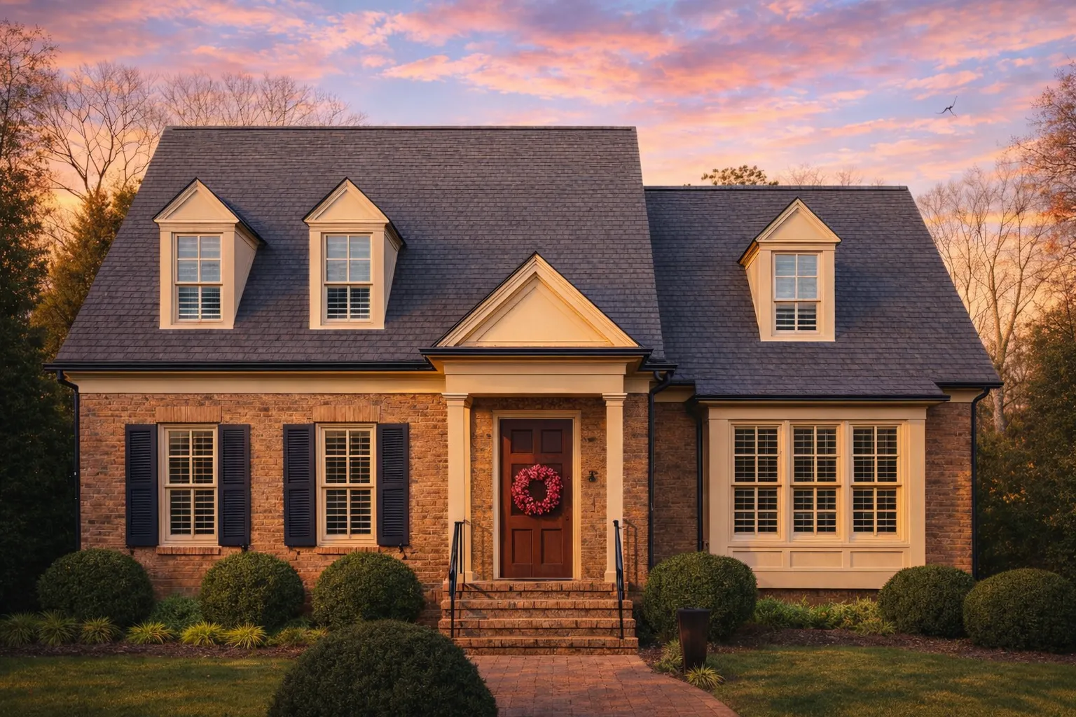 Front exterior of a Cape Cod style brick home featuring dormer windows, symmetrical facade, central entry porch, and classic shutters