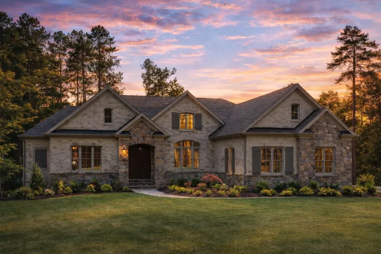 Front elevation of a French Country style home featuring brick and stone exterior, steep gabled rooflines, shuttered windows, and a refined European-inspired design