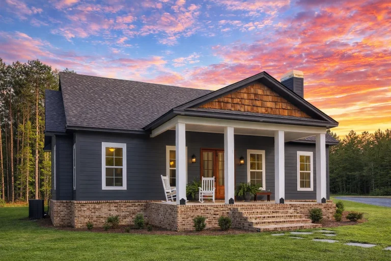 Front elevation of a Traditional Southern house with horizontal siding, brick foundation, gable porch, and symmetrical Colonial-inspired design
