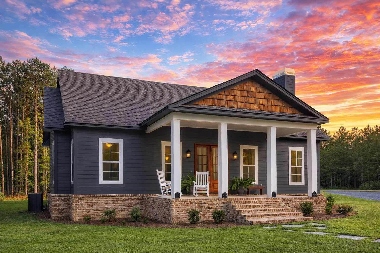 House Plans with Second Floor Laundry Room 23 Front elevation of a Traditional Southern house with horizontal siding, brick foundation, gable porch, and symmetrical Colonial-inspired design